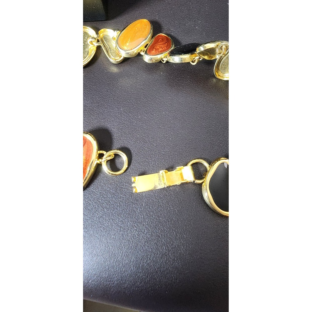 Vintage Gold Tone Enamel Pebble Link Collar Necklace Orange Amber Black - Picture 5 of 6